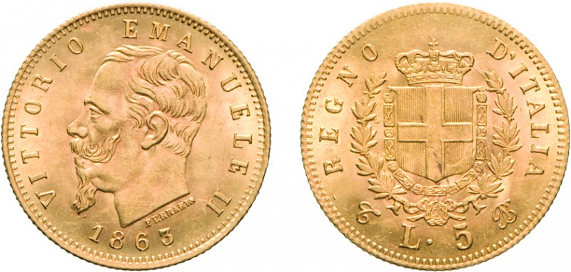 SAVOIA. VITTORIO EMANUELE II (1861-1878). 5 LIRE 1863
Torino. Oro, 1,57 gr, 17 ...