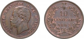 SAVOIA. VITTORIO EMANUELE II (1861-1878). 10 CENTESIMI 1862
Parigi (o Strasburgo, rif. Gigante). Rame, 9,83 gr, 30 mm. SPL
D: VITTORIO EMANUELE II R...