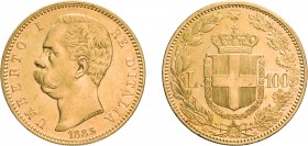 SAVOIA. UMBERTO I (1878-1900). 100 LIRE 1883
Oro, 32,26 gr, 35 mm, colpetti, BB. Rara.
D: UMBERTO I RE D'ITALIA Testa del Re a sinistra. Alla base d...