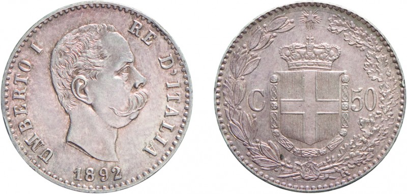 SAVOIA. UMBERTO I (1878-1900). 50 CENTESIMI 1892
Roma. Argento, 2,48 gr, 18 mm....