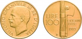 SAVOIA. VITTORIO EMANUELE III (1900-1946). 100 LIRE 1923
Oro, 32,27 gr, 35 mm. Segnetti e colpetti, altrimenti BB.
D: VITTORIO EMANUELE III RE D'ITA...