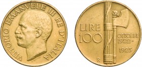 SAVOIA. VITTORIO EMANUELE III (1900-1946). 100 LIRE 1923
Oro, 32,25 gr, 35 mm. Segnetti e colpetti, altrimenti qBB. Con certificato NIP Barbieri.
D:...