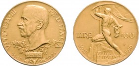 SAVOIA. VITTORIO EMANUELE III (1900-1946). 100 LIRE 1925
Oro, 32,25 gr, 35 mm, SPL. Rara.
D: VITT EM III RE D'ITALIA Testa nuda a sinistra su corona...