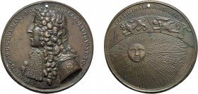 MEDAGLIE ITALIANE. FERDINANDO CARLO GONZAGA (1652-1707). OPUS: FORTINI
Bronzo, 70 gr, 55,5 mm. Foro portativo d'epoca.
FERD CAR D G DVX MANT ; MONTI...