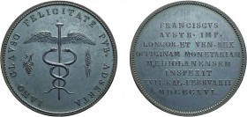 MEDAGLIE ITALIANE. MILANO. FRANCESCO I (1815-1835). MEDAGLIA 1816
visita alla Zecca.
Bronzo, 23,05 gr, 37 mm, migliore di SPL.
D: IANO CLAVSO FELIC...