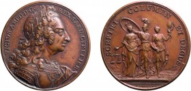 MEDAGLIE SAVOIA. VITTORIO AMEDEO II (1675-1730). OPUS: DASSIER
Bronzo, 34,56 gr, 40 mm. Colpetti, migliore di BB.
D: Busto corazzato, laureato, con ...