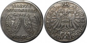 Altdeutsche Münzen und Medaillen, NÜRNBERG, STADT. Reichsgulden zu 60 Kreuzer 1605, mit Titel Rudolfs II. Silber. KM 8, Dav. 89. Vorzüglich. Winz.Krat...
