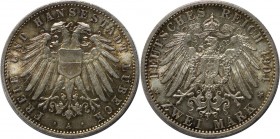 Deutsche Münzen und Medaillen ab 1871, REICHSSILBERMÜNZEN, Lübeck. 2 Mark 1904 A. Silber. KM 212, Jaeger 81, AKS 6. Stempelglanz. Haarkratzer