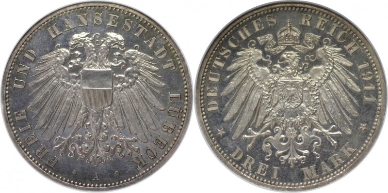 Deutsche Münzen und Medaillen ab 1871, REICHSSILBERMÜNZEN, Lübeck. 3 Mark 1911 A...