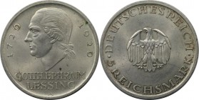 Deutsche Münzen und Medaillen ab 1871, WEIMARER REPUBLIK. Lessing. 5 Reichsmark 1929 A. Silber. KM 61, Jaeger 336, AKS 63. Vorzüglich