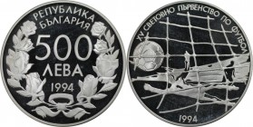 Europäische Münzen und Medaillen, Bulgarien / Bulgaria. Fußball Weltmeisterschaft 1994 in USA. 500 Leva 1994. 23,0 g. 0.925 Silber. 0.68 OZ. KM 211. P...