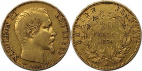 Europäische Münzen und Medaillen, Frankreich / France. Napoleon III. (1852-1870). 20 Francs 1856 A. 6,4 g. 0.900 Gold. KM 781.1. Sehr schön