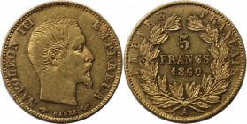 Europäische Münzen und Medaillen, Frankreich / France. Napoleon III. (1852-1870). 5 Francs 1860 A. 1,59 g. 0.900 Gold. KM 787.1. Vorzüglich