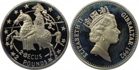 Europäische Münzen und Medaillen, Gibraltar. Berittener Reiter links. 2.8 Ecus - 2 Pounds 1992. Kupfer-Nickel. KM 293. Stempelglanz. Patina. Fingerabd...