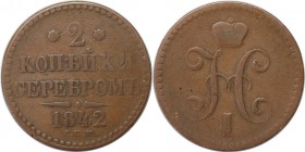 Russische Münzen und Medaillen, Nikolaus I. (1826-1855). 2 Kopeken 1842. Kupfer. Bitkin 821. Sehr schön