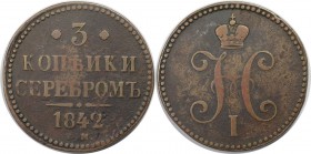 Russische Münzen und Medaillen, Nikolaus I. (1826-1855). 3 Kopeken 1842 EM. Kupfer. Bitkin 541. Sehr schön+