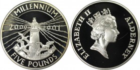 Weltmünzen und Medaillen, Alderney. Millennium. Leuchtturm. 5 Pounds 2000. 28,03 g. 0.925 Silber. 0.83 OZ. KM 26. Polierte Platte