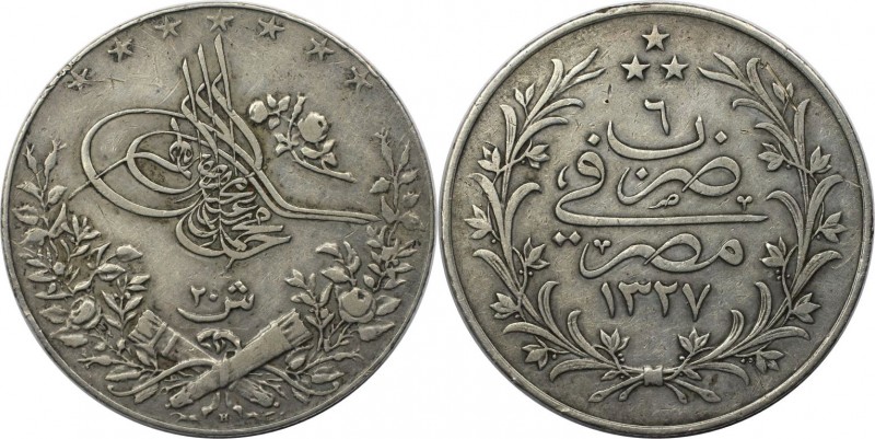 Weltmünzen und Medaillen, Ägypten / Egypt. Mehmed V. 20 Qirsh 1913 (AH 1327/6H)....