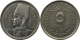 Weltmünzen und Medaillen, Ägypten / Egypt. Farouk I. 5 Milliemes 1941 (AH 1360). Kupfer-Nickel. KM 363. Stempelglanz
