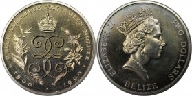 Weltmünzen und Medaillen, Belize. 90. Jahrestag - Geburt der Königinmutter. 2 Dollars 1990. Kupfer-Nickel. KM 100. Stempelglanz