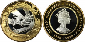 Weltmünzen und Medaillen, Falklandinseln / Falkland islands. Millennnium. 2 Pounds 1999-2000. 0.925 Bi-Metallic 0.8372 OZ. Silber center in vergoldete...