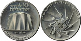 Weltmünzen und Medaillen, Israel. 23. Jahrestag - Reaktor in Nahal Sorek, mit Stern. 10 Lirot 1971. 26,0 g. 0.900 Silber. 0.75 OZ. KM 58. Stempelglanz...