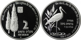 Weltmünzen und Medaillen, Israel. Storch. 2 New Sheqalim 1998. 28,80 g. 0.925 Silber. 0.86 OZ. KM 322. Polierte Platte