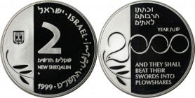 Weltmünzen und Medaillen, Israel. 2 New Sheqalim 1999. 28,80 g. 0.925 Silber. 0.86 OZ. KM 329. Polierte Platte