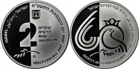Weltmünzen und Medaillen, Israel. 60 Jahre Israel -O in 60 Symbol für Granatapfel. 2 New Sheqalim 2008. 28,80 g. 0.925 Silber. 0.86 OZ. KM 446. PCGS P...