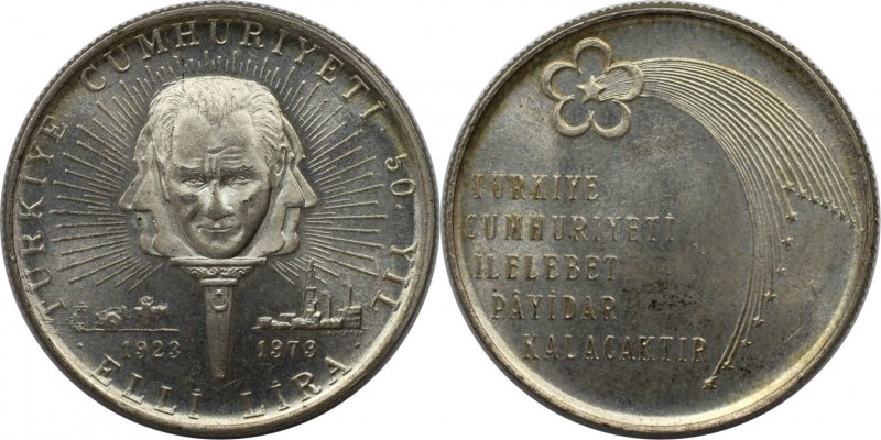 Weltmünzen und Medaillen, Türkei / Turkey. 50. Jahrestag der Republik. 50 Lira 1...