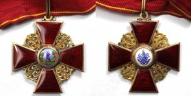 Orden und Medaillen, Russland / Russia, Russland bis 1918. St. Anna-Orden, Kreuz 2. Klasse. Gold, emailliert, 43.5 x 48.5 mm 15.04 g., fein bemaltes M...