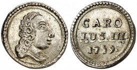 1759. Carlos III. Barcelona. Medalla de Proclamación (Boada 13) (Cru.Medalles 219) (Ha. 7) (MHE. 259, mismo ejemplar) (V.Q. 12995). 1,80 g. Ø15 mm. Pl...