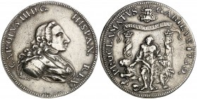 1759. Carlos III. Cádiz. Medalla de Proclamación. (Ha. 9) (MHE. 261, mismo ejemplar) (RAH. 225) (Ruiz Trapero 61) (V. 672) (V.Q. 12997). 2,67 g. Ø34 m...
