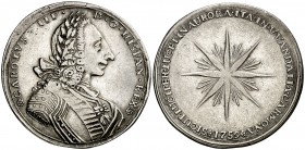 1759. Carlos III. Carmona. Medalla de Proclamación. (Ha. 10) (MHE. 262, mismo ejemplar) (RAH. 227) (V.Q. 12998). 10,13 g. Ø30 mm. Plata. Grabador: F. ...