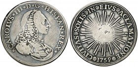 1759. Carlos III. Écija. Medalla de Proclamación. (Ha. 13) (MHE. 263, mismo ejemplar) (RAH. 229) (Ruiz Trapero 62) (V. 26) (V.Q. 13000). 5,75 g. Ø27 m...