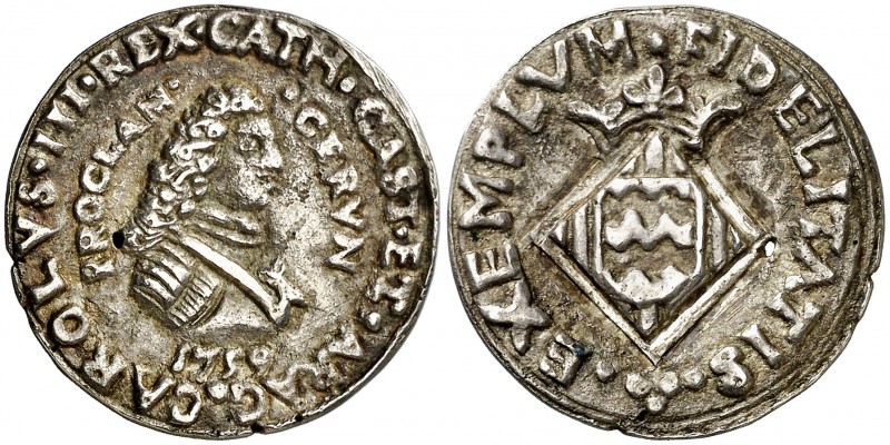 1759. Carlos III. Girona. Medalla de Proclamación. (Boada 15) (Ha. 14) (Cru.Meda...