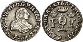 1759. Carlos III. Granada. Medalla de Proclamación. (Ha. 18) (MHE. 266, mismo ejemplar) (RAH. 232) (V.Q. 13006). 4,23 g. Ø28 mm. Plata fundida. Bella....