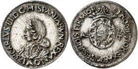 1759. Carlos III. Jerez de la Frontera. Medalla de Proclamación. (Ha. 22) (MHE. 269, mismo ejemplar) (RAH. 236) (V.Q. 13009). 13,54 g. Ø35 mm. Plata f...