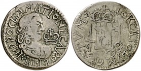 1759. Carlos III. Lorca. Medalla de Proclamación. (Ha. 23) (MHE. 271, mismo ejemplar) (V.Q. 13010). 4,35 g. Ø23 mm. Plata fundida. No figuraba en la C...