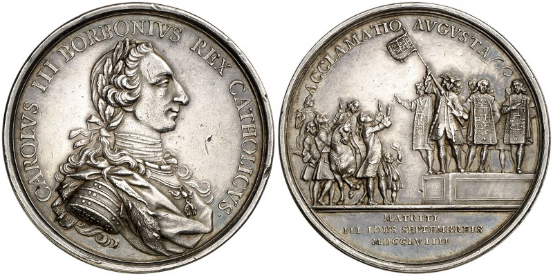 1759. Carlos III. Madrid. Medalla de Proclamación. (Ha. 24) (MHE. 272, mismo eje...