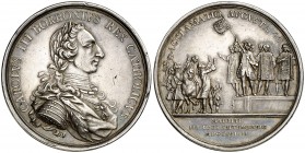 1759. Carlos III. Madrid. Medalla de Proclamación. (Ha. 24) (MHE. 272, mismo ejemplar) (Ruiz Trapero 64) (V. 28) (V.Q. 13011) (Villena 10). 85,40 g. Ø...