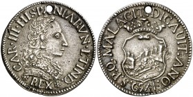 1759. Carlos III. Málaga. Medalla de Proclamación. (Ha. 26) (MHE. 277, mismo ejemplar) (RAH. 242) (V.Q. 13013). 6,50 g. Ø31 mm. Plata fundida. Perfora...