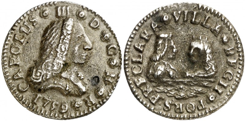 1759. Carlos III. Puerto Real. Medalla de Proclamación. (Ha. 37) (MHE. 283, mism...