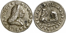 1759. Carlos III. Puerto Real. Medalla de Proclamación. (Ha. 37) (MHE. 283, mismo ejemplar) (RAH. 255) (V.Q. 13022). 9,37 g. Ø29 mm. Plata fundida. No...