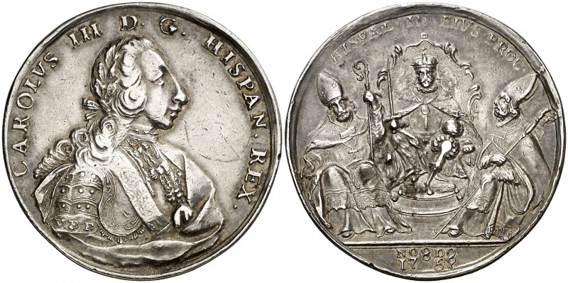 1759. Carlos III. Sevilla. Medalla de Proclamación. (Ha. 40) (MHE. 286, mismo ej...