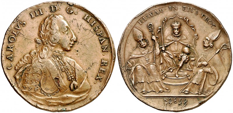 1759. Carlos III. Sevilla. Medalla de Proclamación. (Ha. 40 var. metal) (MHE. 28...