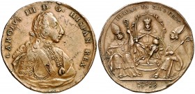 1759. Carlos III. Sevilla. Medalla de Proclamación. (Ha. 40 var. metal) (MHE. 287, mismo ejemplar) (Ruiz Trapero 69) (V. 33). 11,50 g. Ø35 mm. Bronce....