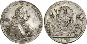 1759. Carlos III. Sevilla. Medalla de Proclamación. (Ha. 41) (MHE. 288, mismo ejemplar) (RAH. 261) (Ruiz Trapero 70 bronce) (V. 673 var. metal) (V.Q. ...
