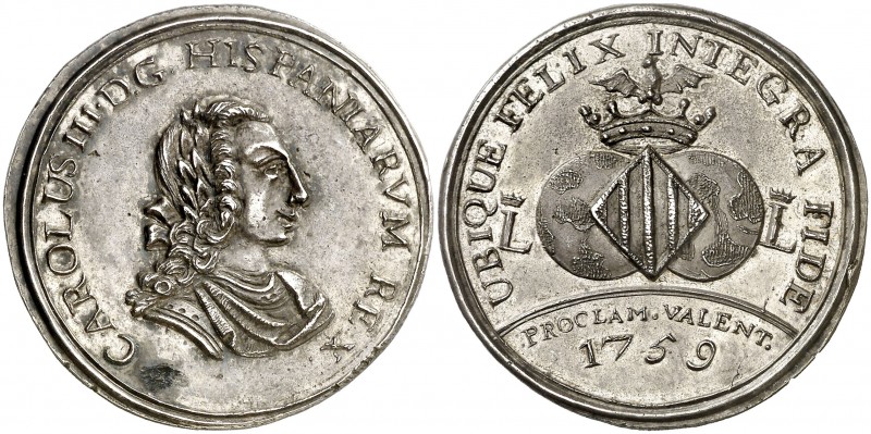 1759. Carlos III. Valencia. Medalla de Proclamación. (Boada 20) (Ha. 45) (Cru.Me...
