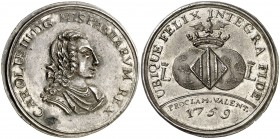 1759. Carlos III. Valencia. Medalla de Proclamación. (Boada 20) (Ha. 45) (Cru.Medalles 226) (MHE. 290, mismo ejemplar) (RAH. 265) (V.Q. 13029). 14 g. ...